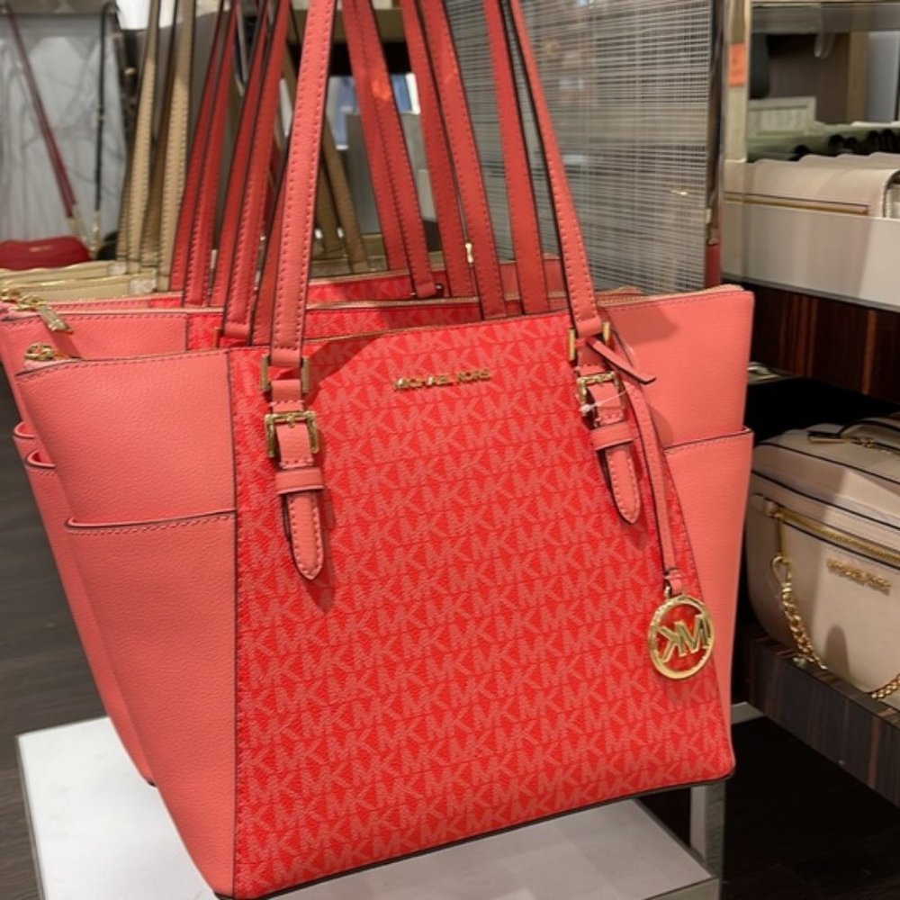 Michael Kors Charlotte Large Logo and Leather Top-Zip Tote Bag Coral Reef Multi - Picture 15 of 16